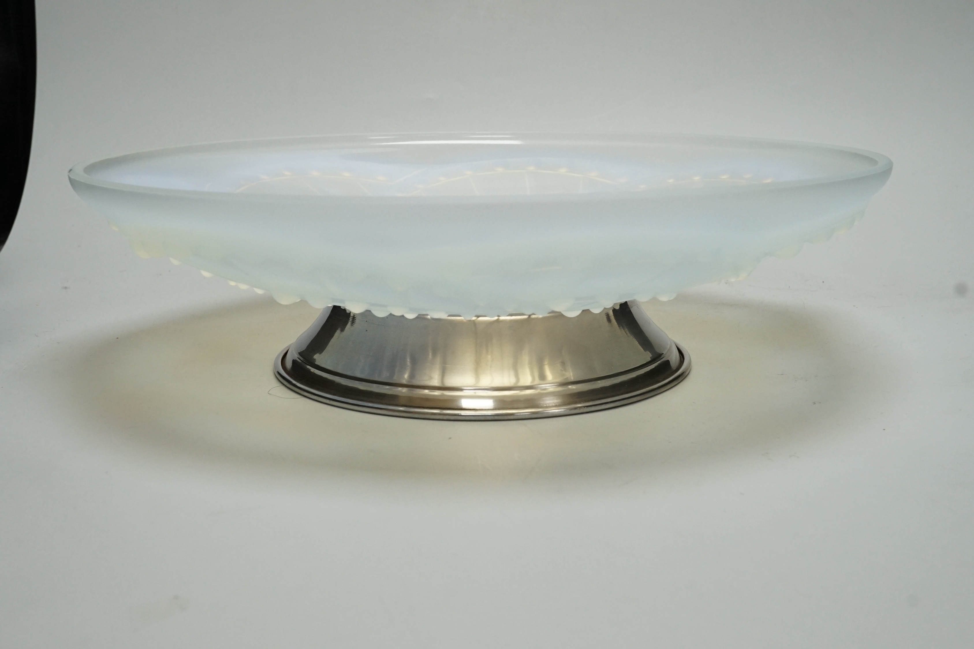 An Art Deco opalescent glass silver plate footed bowl by J Landier of France, with relief moulded design, diameter 35cm